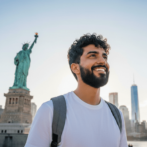 Happy student exploring a new city